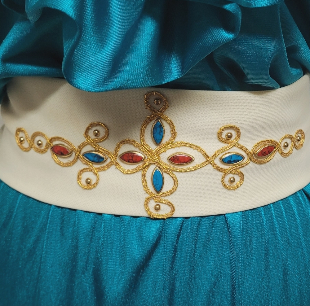 70s Vintage Lady Cameo Dallas Turquoise Lace Plunging Neckline Belted Jumpsuit M - Picture 5 of 14